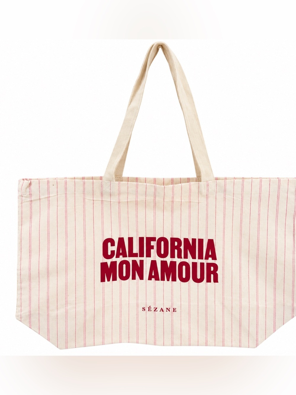 Sezane Cream Tote with Red Logo and Pink Pinstripes